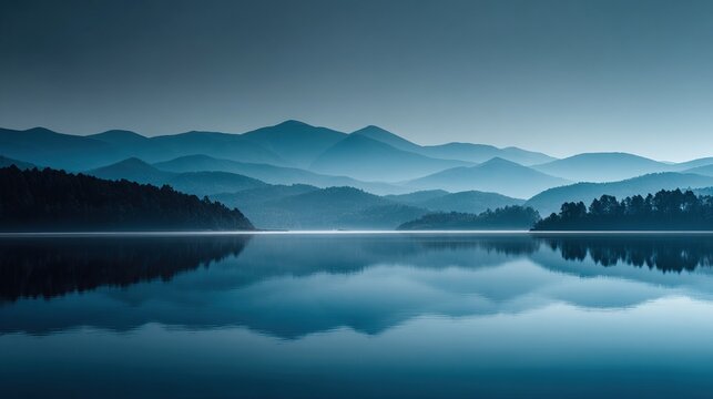 Serene Blue mountains and lake with reflections under a clear sky, panoramic view