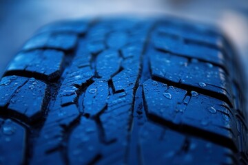 Close up view of a wet, blue car tire tread pattern. Perfect for automotive, transportation, or safety related projects.