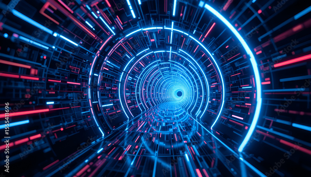 Poster abstract neon tunnel showcases glowing blue and red lights creating a futuristic background with dep