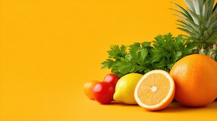 Bright assortment of colorful fruits and vegetables against a vivid yellow background perfect for a healthy lifestyle theme