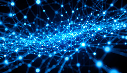 Glowing blue network connections create a futuristic abstract design suitable for technology or scientific presentations and modern creative projects.