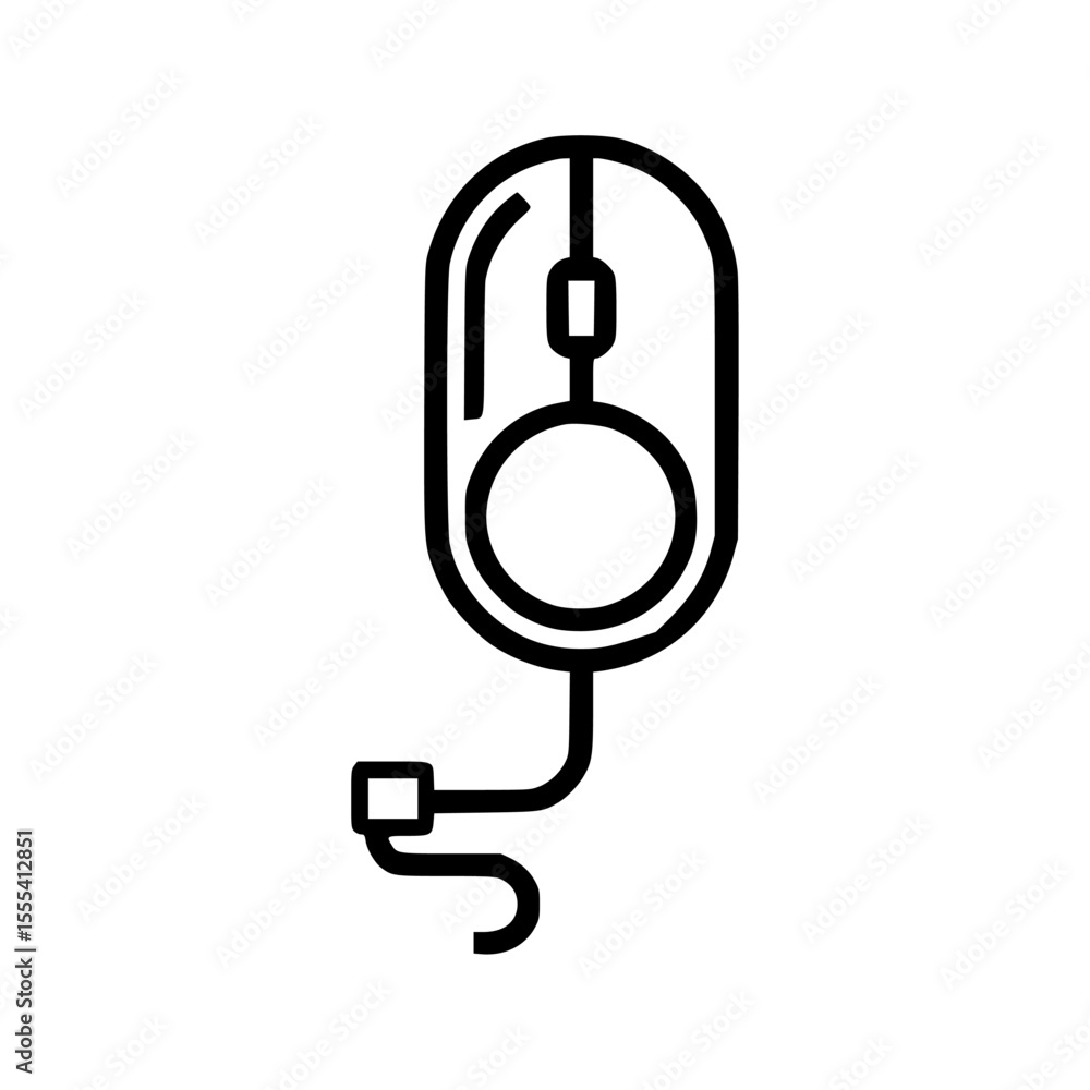 Poster simple black and white outline illustration of a computer mouse with a cord.