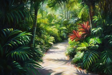 Lush tropical foliage lines a sunlit path.