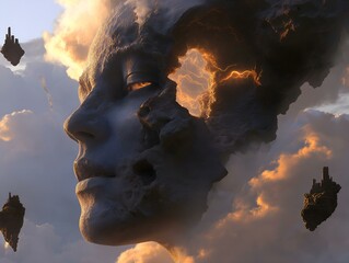 stone faces, fiery background, dramatic clouds, surreal landscape, intense light and shadow.