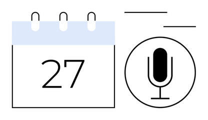 Calendar page with number 27 and a microphone icon representing scheduling, recording, or content creation. Ideal for planning, organization, productivity, podcast, broadcasting, presentation