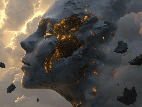 a profile view of a gray stone face cracking apart to reveal a glowing, molten gold core and fiery particles