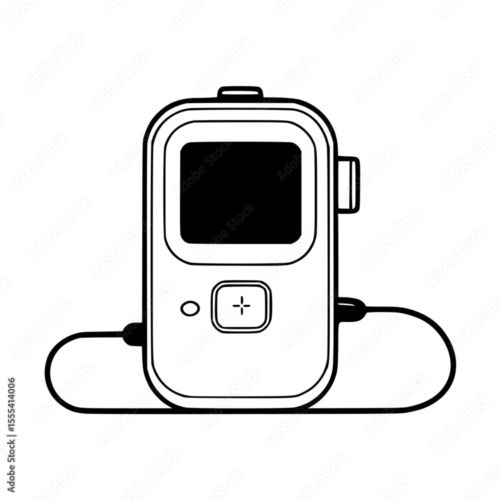 Poster a simple line drawing of a portable digital audio player with a screen and earbud cord.