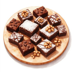 Delicious assortment of homemade chocolate brownies displayed on a wooden platter with decorative toppings