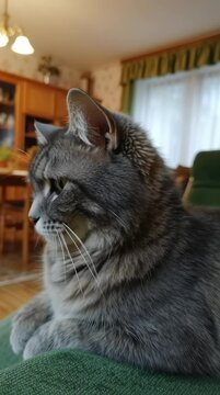 A beautiful grey cat with green eyes relaxing at home