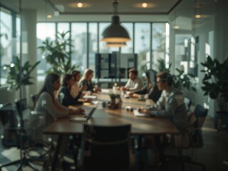 Fototapeta premium Blurred Office Meeting Scene with Silhouettes Around Conference Table and Soft Lighting