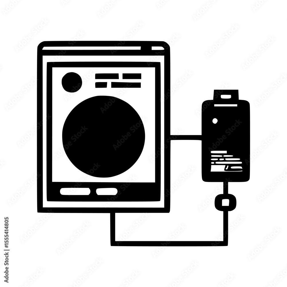 Poster a tablet computer connected to a charging power source, showing a circular graphic.