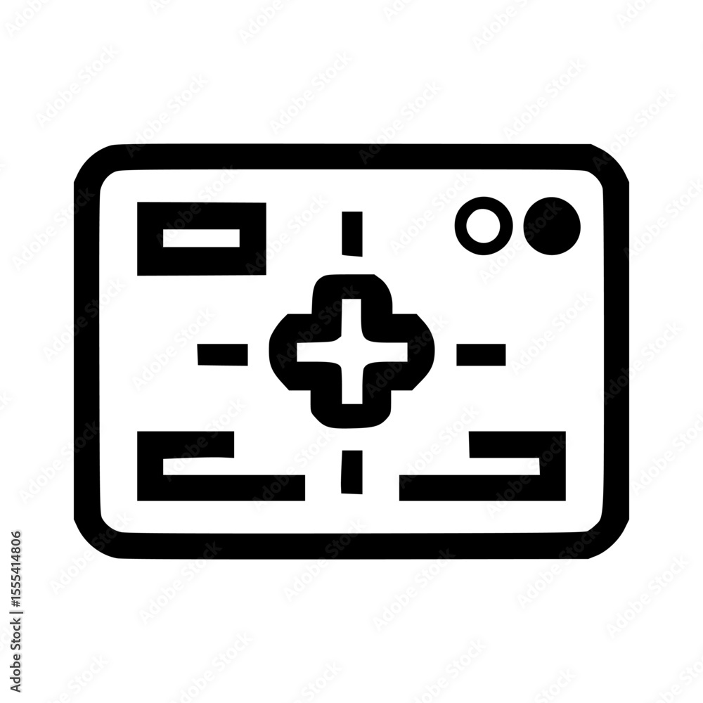 Aufkleber a black and white icon of a game controller with a directional pad, buttons, and rectangular shapes.