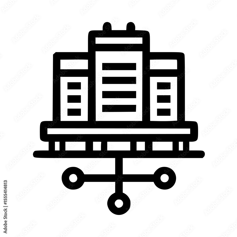 Poster simple line drawing of a building complex connected to a network.