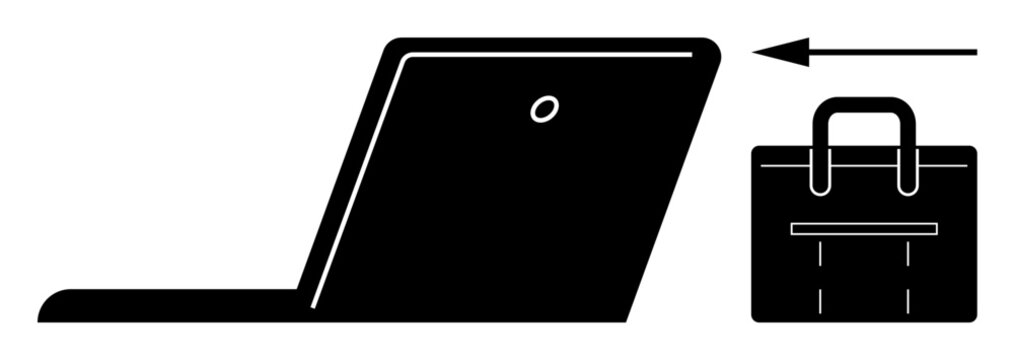 Open laptop and briefcase with directional arrow indicating transition, mobility, or moving work. Ideal for business, remote work, travel, productivity, career, adaptation simple flat metaphor