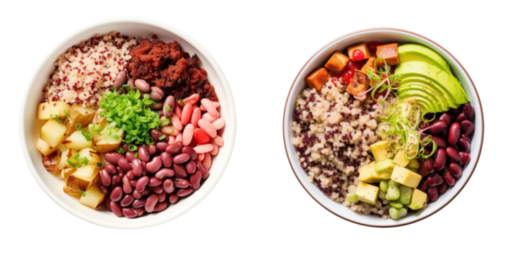 Overhead View of Two Colorful Vegetarian Bowls with Quinoa Red Beans Avocado and Various Vegetables Displayed on White