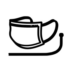 Stylized line drawing of a face mask with ear loops, depicted in black and white.