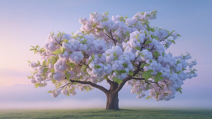 Serene Springtime A Majestic Blossom Tree in Misty Dawn