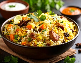 Traditional hyderabadi Vegetable / veg dum biryani with mixed veggies served with mixed raita