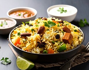 Traditional hyderabadi Vegetable / veg dum biryani with mixed veggies served with mixed raita