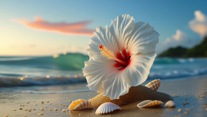 Stunning White Hibiscus Flower on Tropical Beach at Sunset