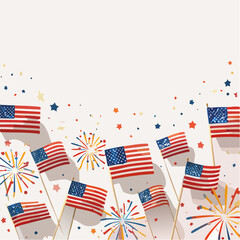 Obraz premium Patriotic vector frames featuring American flags, fireworks, stars, and festive confetti in red, white, and blue — perfect for Independence Day celebrations.