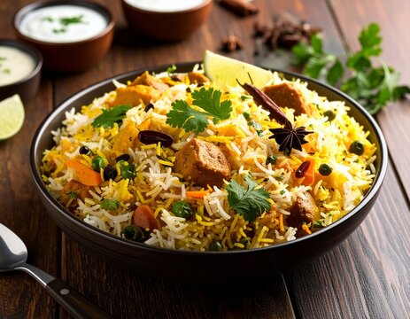 Traditional hyderabadi Vegetable / veg dum biryani with mixed veggies served with mixed raita