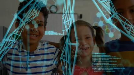 Classmates in class gazing as AR wireframe model appearing and spinning with code and hexagons - Powered by Adobe