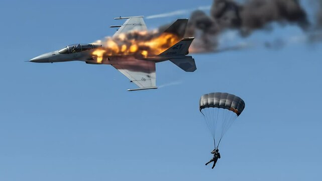 Burning jet and parachutist in dramatic sky scene