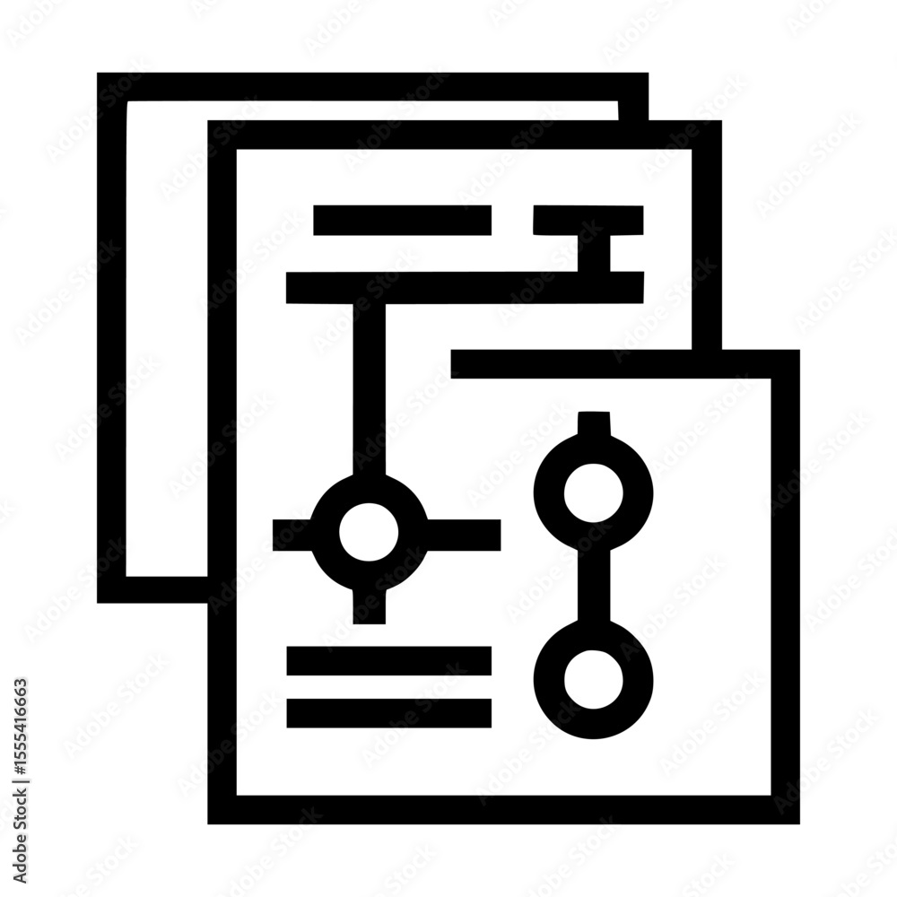 Poster stacked documents with interconnected diagrams, illustrating a process or system.