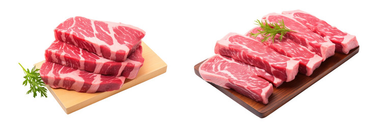 Sliced Wagyu Beef Displayed On Wooden Boards With Fresh Greenery Against a Transparent Background