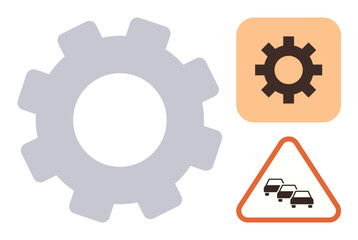 Large gray gear alongside smaller gear in orange square and triangular traffic sign indicating vehicles. Ideal for mechanics, process flow, engineering, traffic solutions, safety, road management
