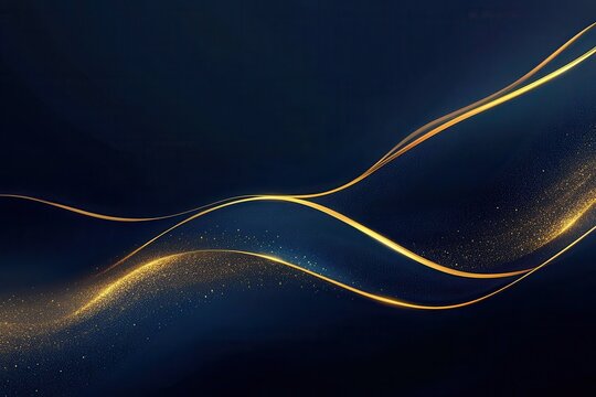 Fototapeta Dark blue background with flowing gold lines and shimmering golden sparkles. Great background for luxury design, promotions, and other festive occasions.