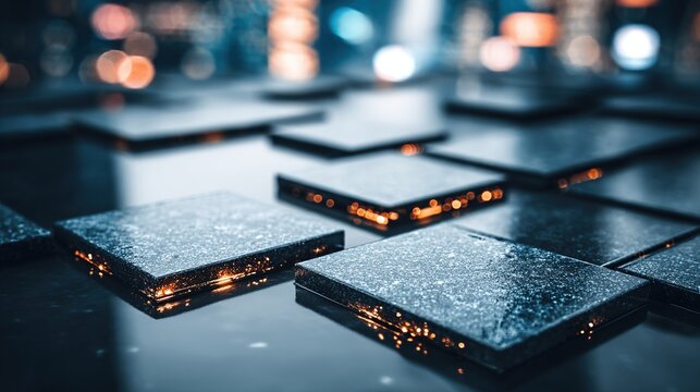 Abstract tiles reflecting lights, creating depth and texture in the night - Powered by Adobe