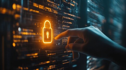 Hand interacts with a glowing padlock on a digital screen