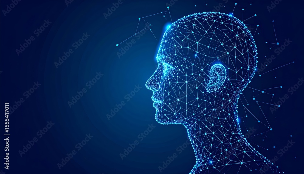 Poster graphic visualization of man's head with interconnected lines network, exploring connections