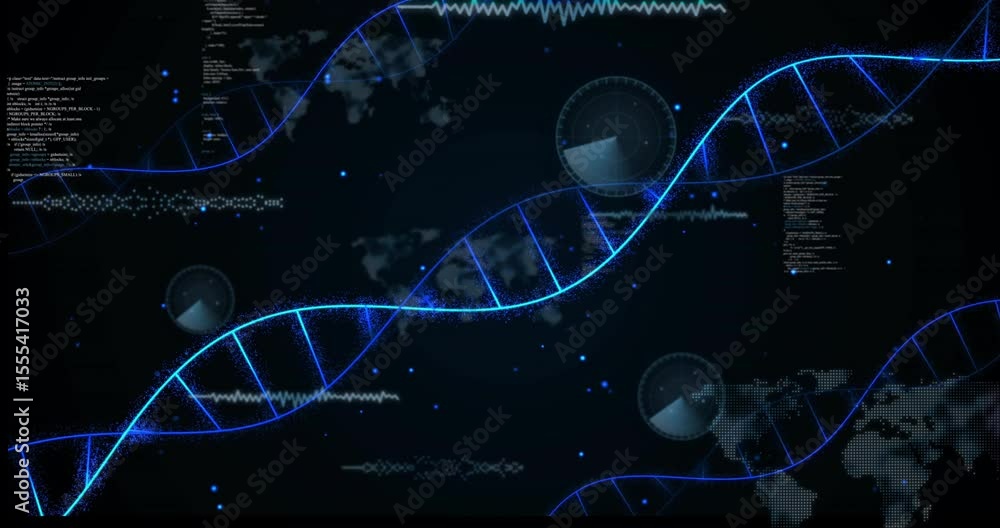 Poster animated dna helixes emerging from dark waving over map while code sliding, hud fading showing data