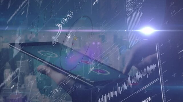 Finger tapping circular icon launching tablet dashboard, charts rising and app cubes spiraling