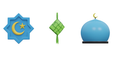 3d Eid al Fitr icon set with ketupat and mosque dome
