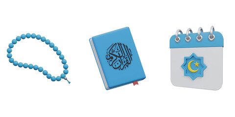 3d Islamic worship icon set with Quran prayer beads and calendar