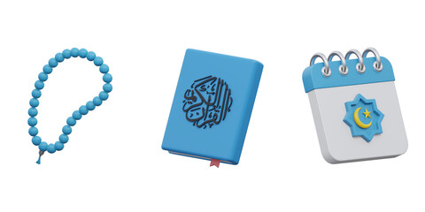 3d Islamic worship icon set with Quran prayer beads and calendar