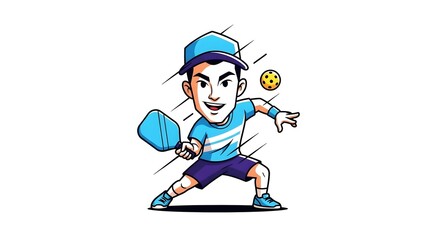 CARTOON caricature of a pickle ball pickleball player with a racquet and ball, athlete, playing, court, athletic character, outdoor sport, recreation, cartoon pickleball, paddle sport, fun, match
