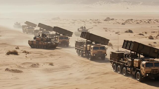 Military convoy in desert landscape