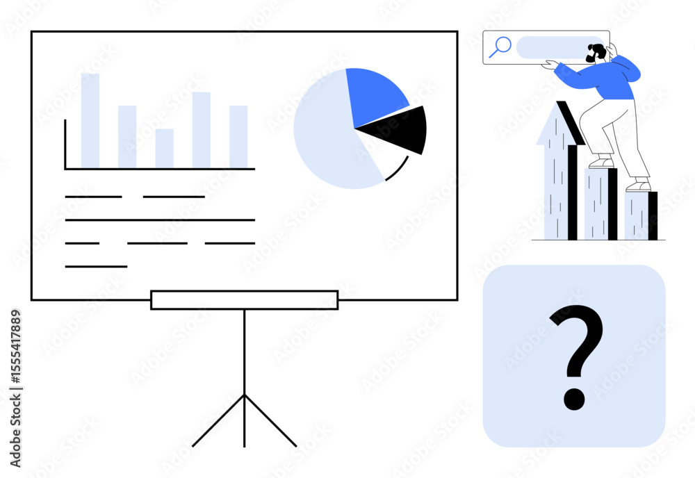 Aufkleber bar chart and pie graph on screen, man exploring growth trends on arrows, large question mark. ideal