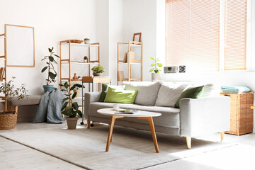 Interior of stylish living room with grey sofa, houseplants, coffee table and shelving unit