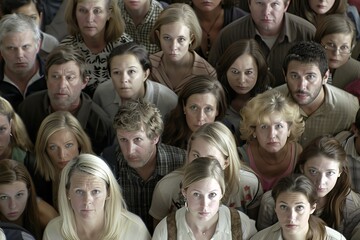 Group of people looking at the camera in a conference room. Selective focus.