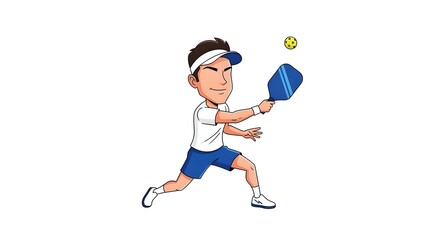 CARTOON caricature of a pickle ball pickleball player with a racquet and ball, athlete, playing, court, athletic character, outdoor sport, recreation, cartoon pickleball, paddle sport, fun, match