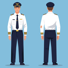 PILOT UNIFORM MALE FIGURE ILLUSTRATION WITH FRONT AND BACK VIEWS FOR AIRLINE ANIMATION OR DESIGN