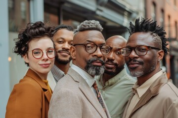 multiethnic businesspeople in eyeglasses looking at camera in city