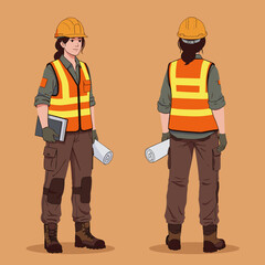 WORKER IN SAFETY GEAR: FEMALE CONSTRUCTION WORKER WITH HELMET AND PLANS IN HAND
