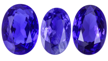 Three Tanzanite Oval Cut Gemstones Isolated on a Transparent Background Showcasing Faceted Surfaces and Vibrant Purple Blue Hues Reflecting Light